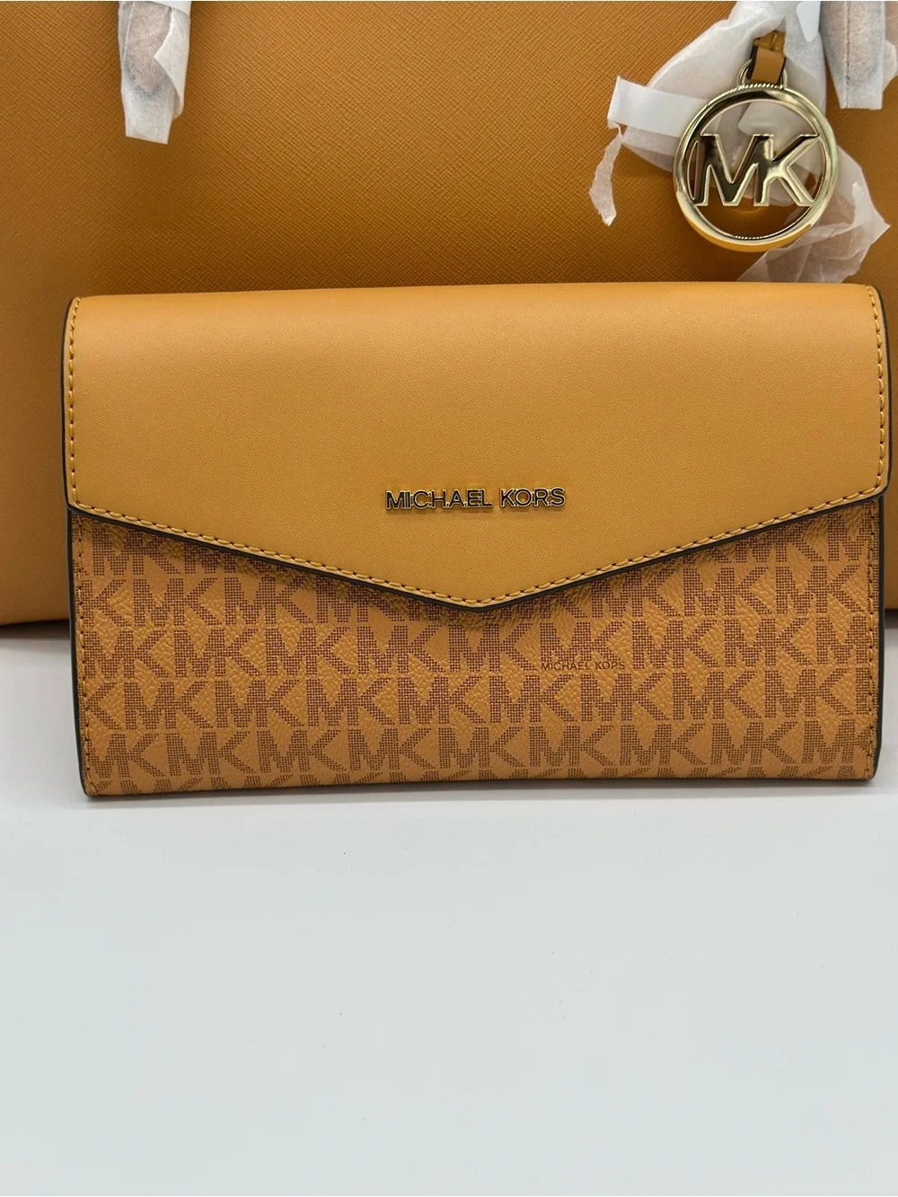 Michael Kors Mustard Tan Saffiano Leather Tote with Matching Wallet Trio